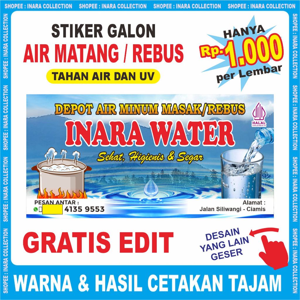 Stiker AIR REBUS MATANG Galon Isi Ulang Tahan Air dan UV
