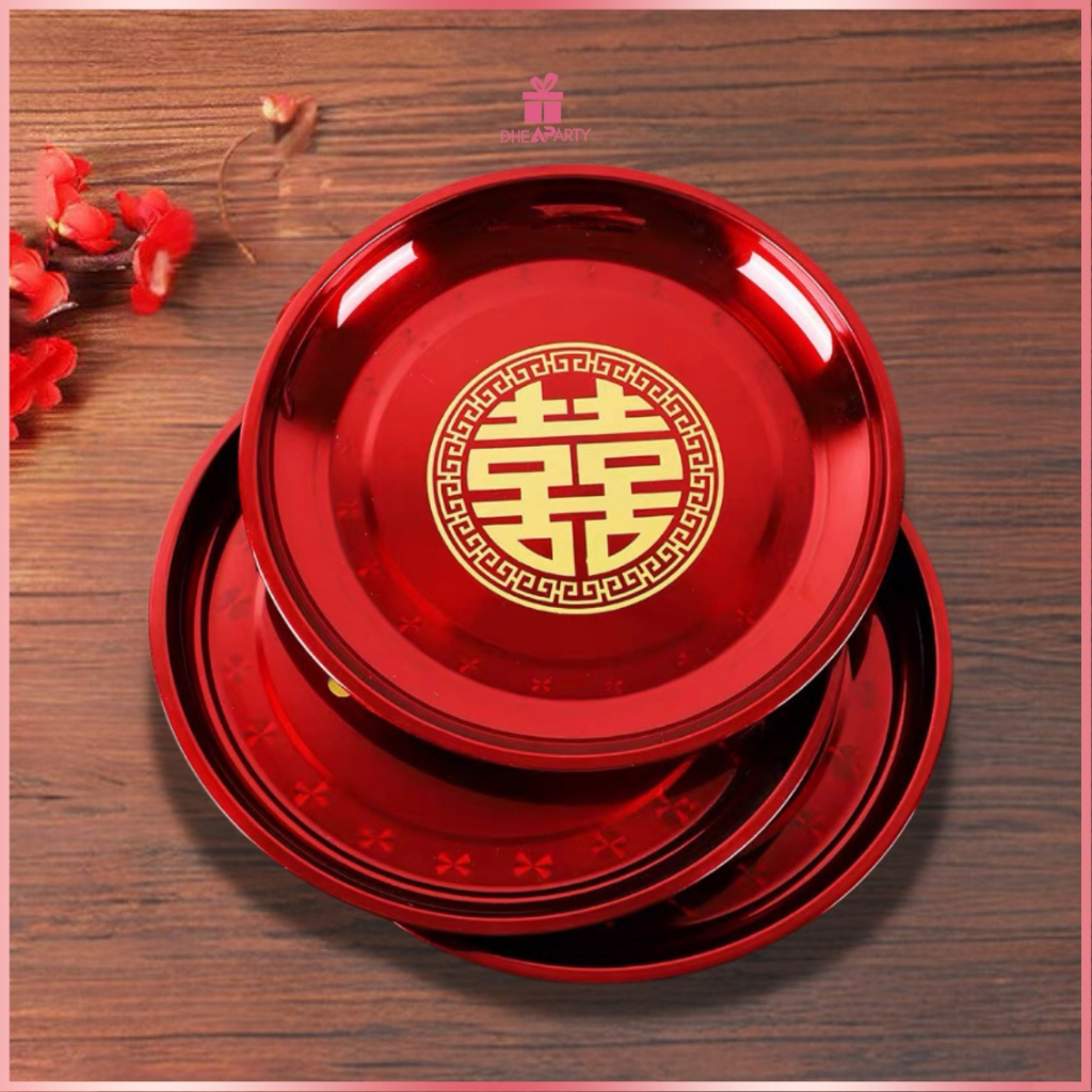 DP Nampan Shuang Xi Baki Sangjit Teapai Bahan Seng / Talam Pernikahan Teapai Ukuran Besar 36cm SMB17