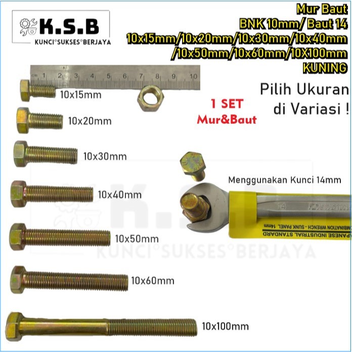 SET Mur dan Baut BNK 10mm / Baut 14 KUNING 10x15mm/10x20mm/10x30mm/10x40mm/10x50mm/10x60mm/10x100mm