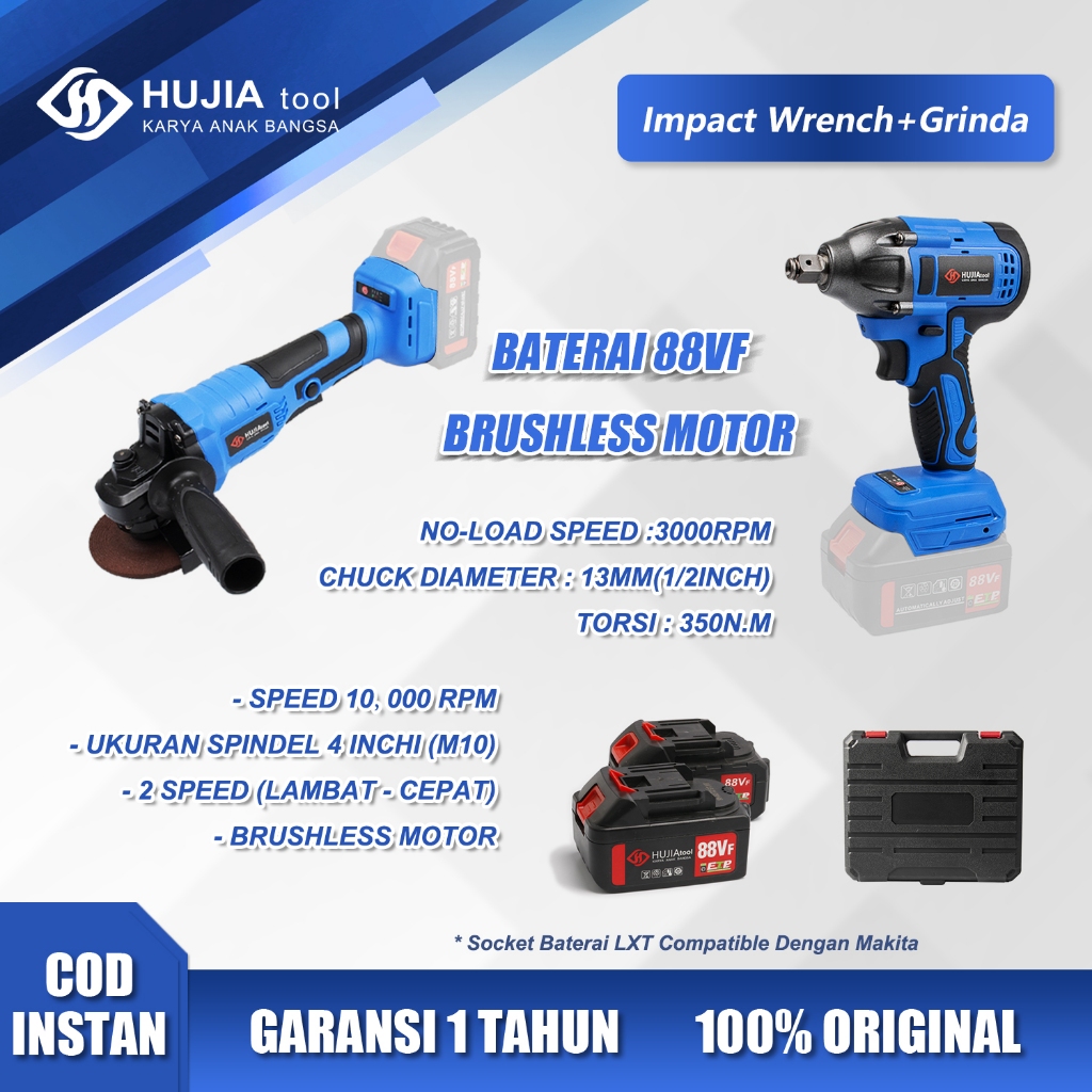 Hujia Paket Impact Wrench dan Mesin Gerinda Baterai 88Vf 1/2inch Impact Fullset 4inch Grinder