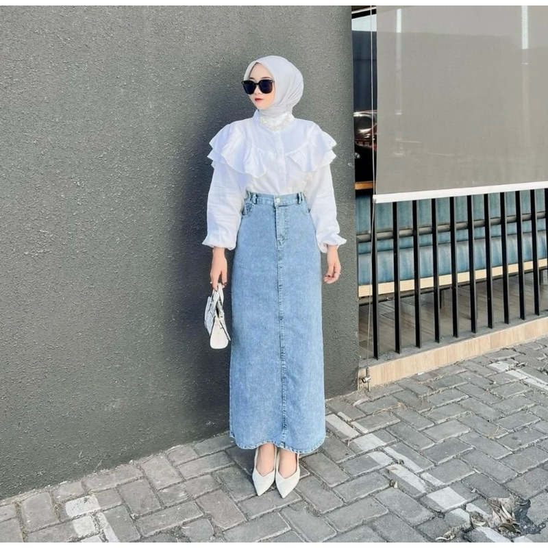 ￼Highwaist Rok Jeans Rok Jeans Skirt Theana Karet Panjang
