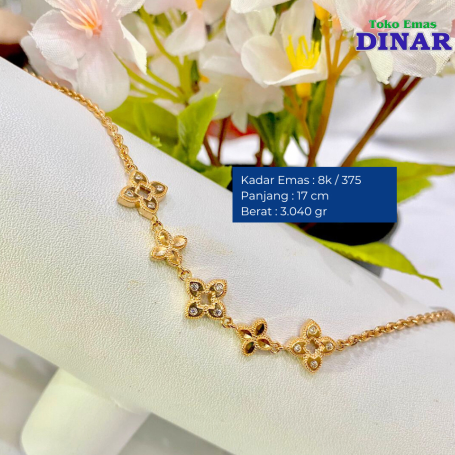 GELANG RANTAI MODEL BUNGA + BATU AD - EMAS MUDA - KADAR 8K/375