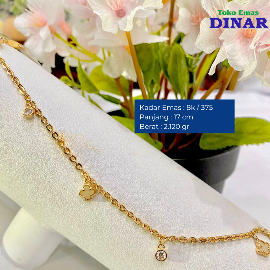 GELANG RANTAI MODEL BUNGA + BATU AD - EMAS MUDA - KADAR 375/8K