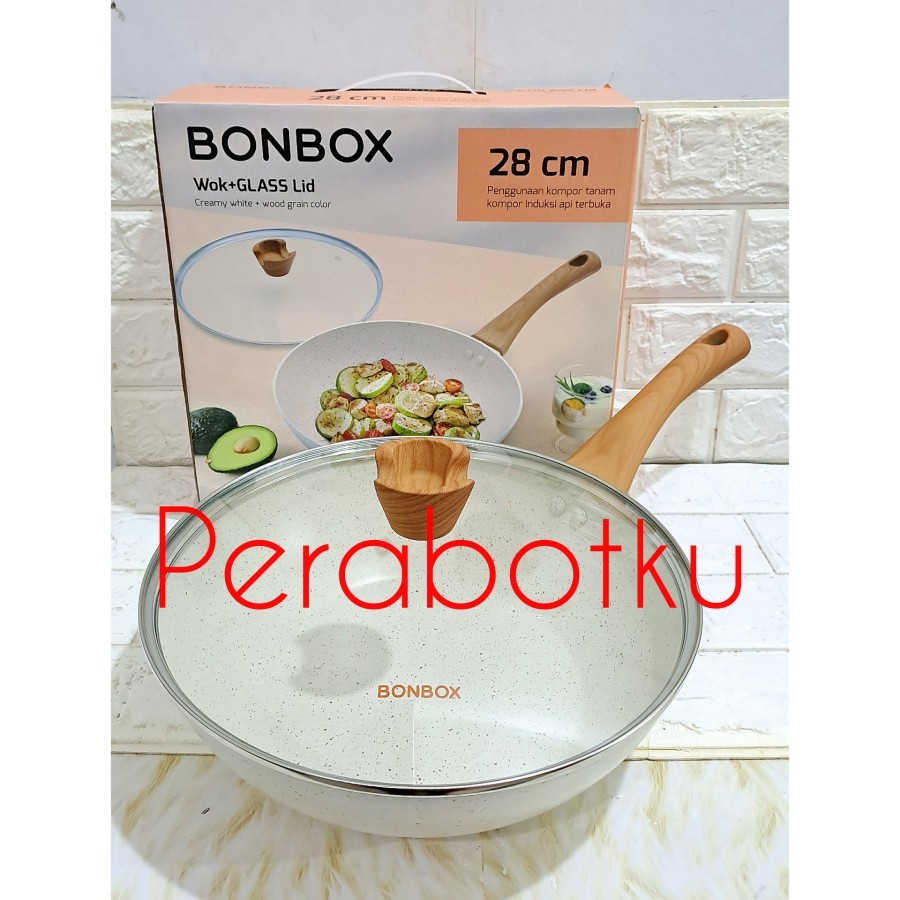 Bonbox Wok Pan Ceramic + Tutup Kaca 28 cm Anti Lengket BKE31202 / Wajan Penggorengan Datar Untuk Kom