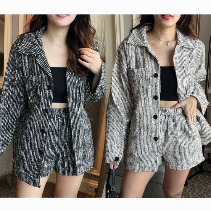ABLECOUTURE One Set Kemeja Blazer Celana Pendek Stripe Korea Wearyn Set 9-479