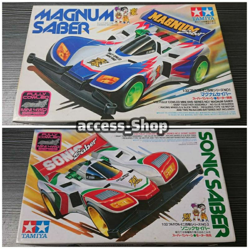 MURAH! PAKET - MAGNUM SABER dan SONIC SABER Chassis Super 1 Original Mini4WD TAMIYA RARE