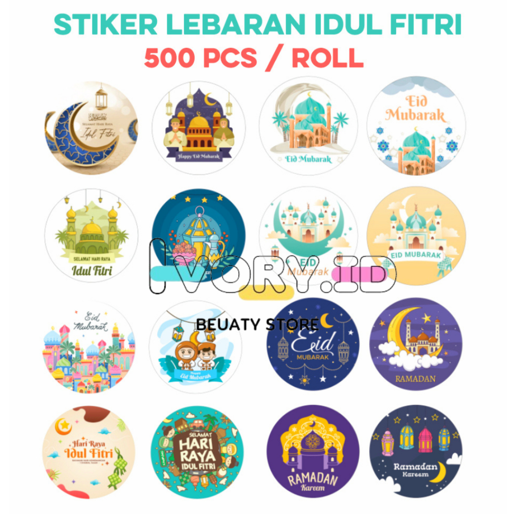 

500 Pcs Sticker Roll Selamat Hari Raya Idul Fitri dan Haji Umroh Tempel Toples Kue 2,5cm ST001