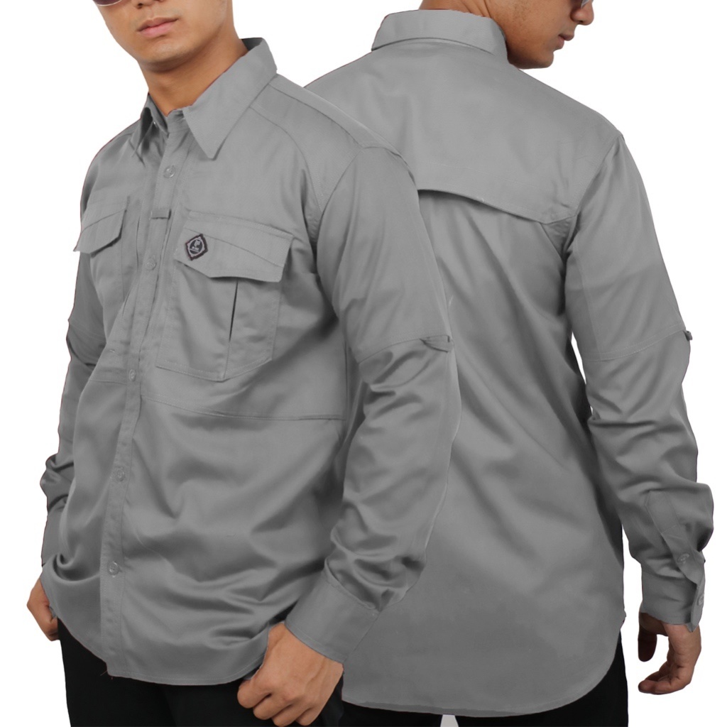 Kemeja Lengan Panjang Pria Big Size Jumbo Abu Muda Polos Pdl Lapangan Kerja Kantor Baju Gunung Keren