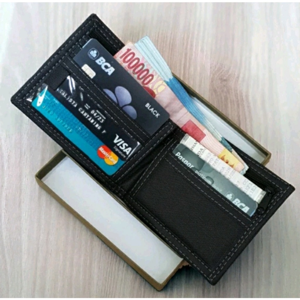 OFFICIAL Dompet Pria Retro + BOX Dompet Kulit Sintetis Lipat Dua Prada Hitam