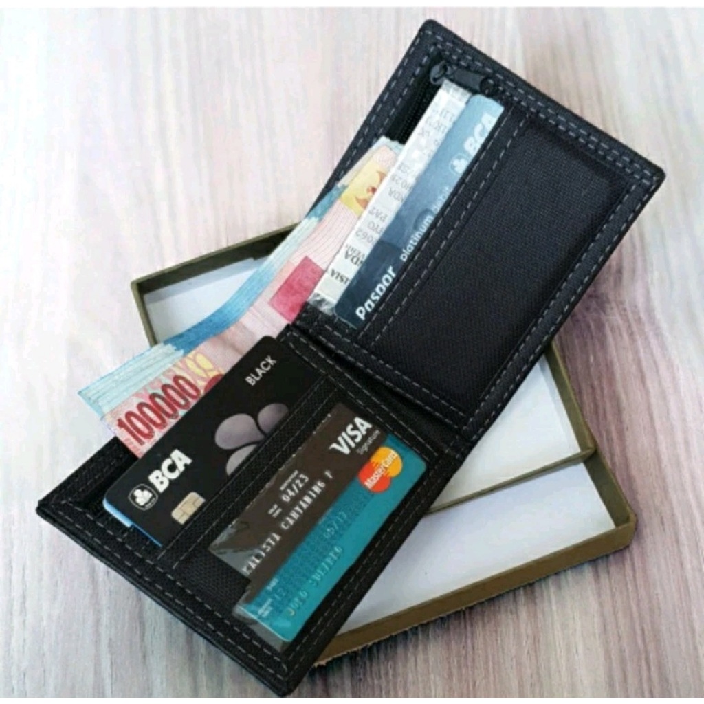 BIG PROMO Dompet Pria Retro + BOX Dompet Kulit Sintetis Lipat Dua Prada Hitam