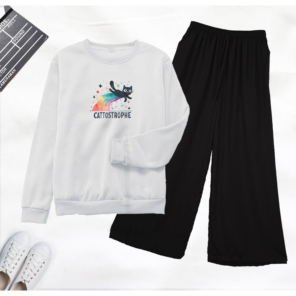One Set Sweater Basic RAINBOW CAT Setelan Sweater Kombinasi Celana Kulot Bisa COD Remaja Wanita Prem