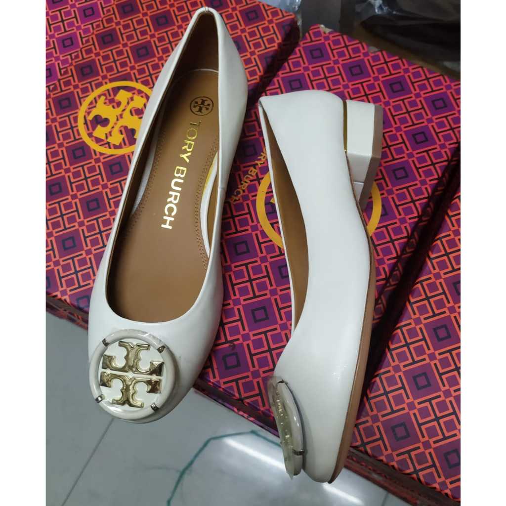Sepatu Wanita Pantofel Tory B Multi Logo Pump Block Heel Nude Cream Broken white ORIGINAL ORI KULIT 