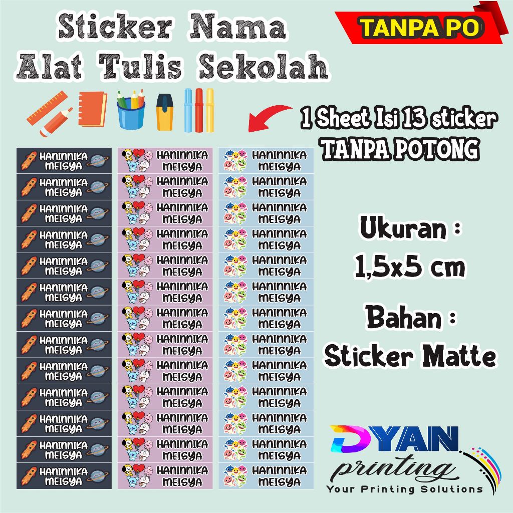 

13 PCS STICKER NAMA ALAT TULIS SEKOLAH , TANPA CUTTING