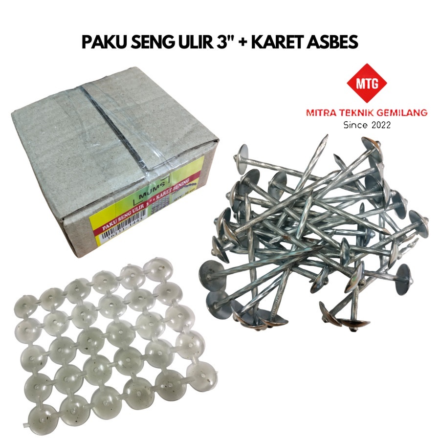 MTG- Paket Per 30 Pcs Paku Seng Ulir 3" Inch 7.5cm MUMS + Karet Asbes Bening Transparan / Karet Seng