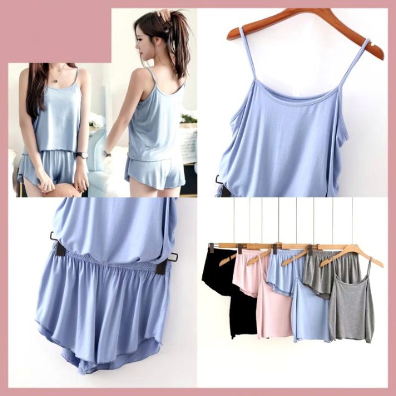 Baju Tidur Set Wanita Sexy Camisole dengan Celana Pendek Piyama Wanita Kamisol Setelan Tank Top Set 