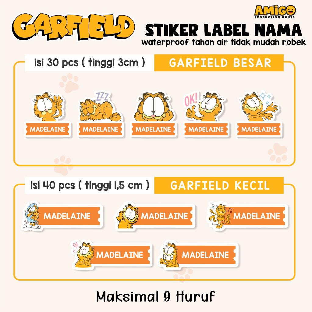 

Sticker Nama Garfield Stiker Label waterproof