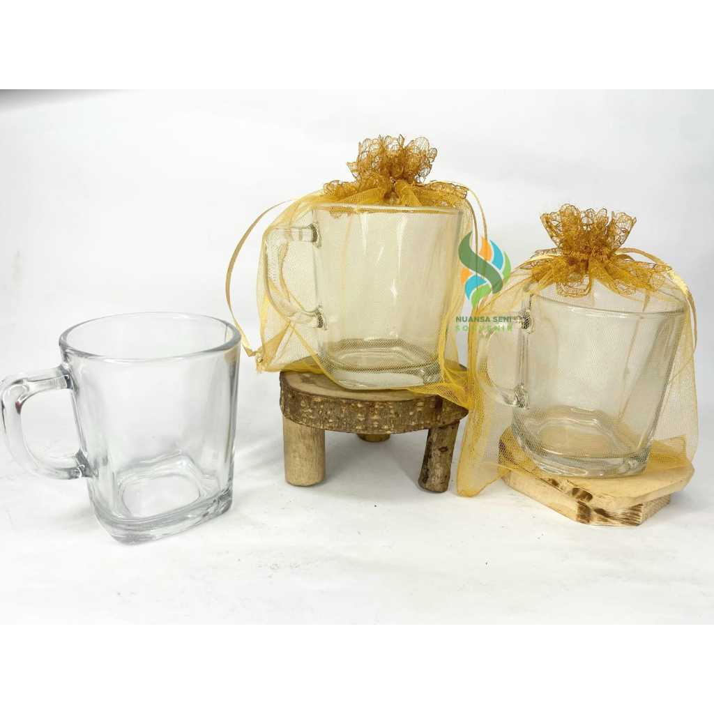Souvenir Pernikahan Gelas Minum Kaca Kotak 245ml Cangkir Kopi Mug Gagang Kaca Bening Polos
