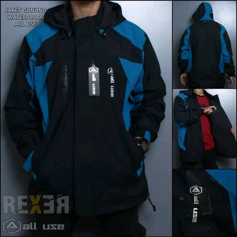 JAKET WATERPROOF WINDPROOF GUNUNG ALL USE ORIGINAL JAKET ALL USE JAKET GUNUNG ALL USE HITAM MIX BIRU