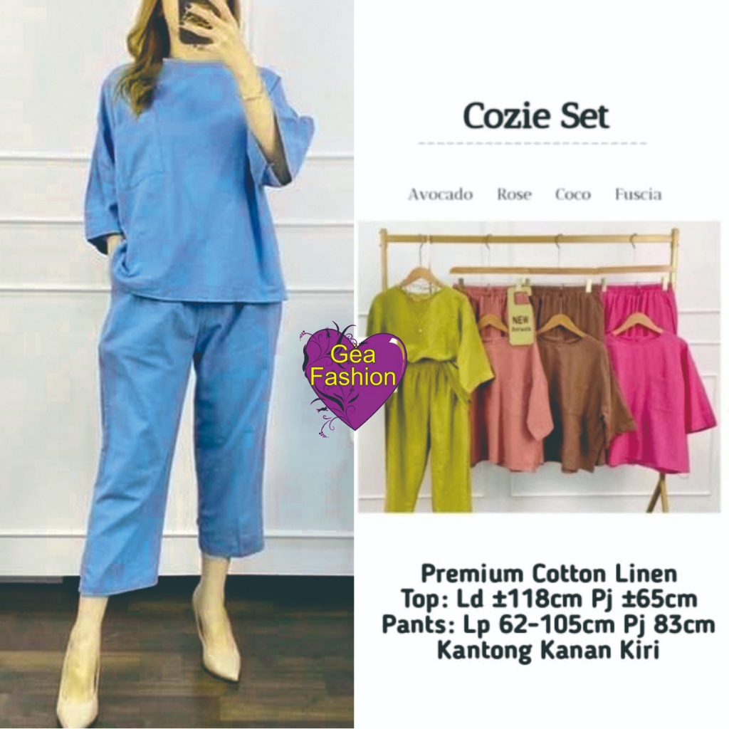 Cozie Set Top+Pants standar dan jumbo Setelan One Set Linen Wanita Terbaru katun linen