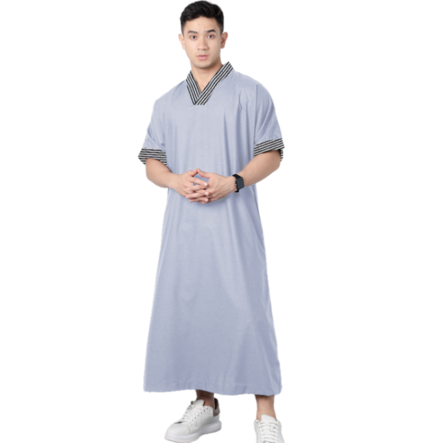 RB Jubah gamis maroko pria dewasa lengan pendek kerah v bahan katun