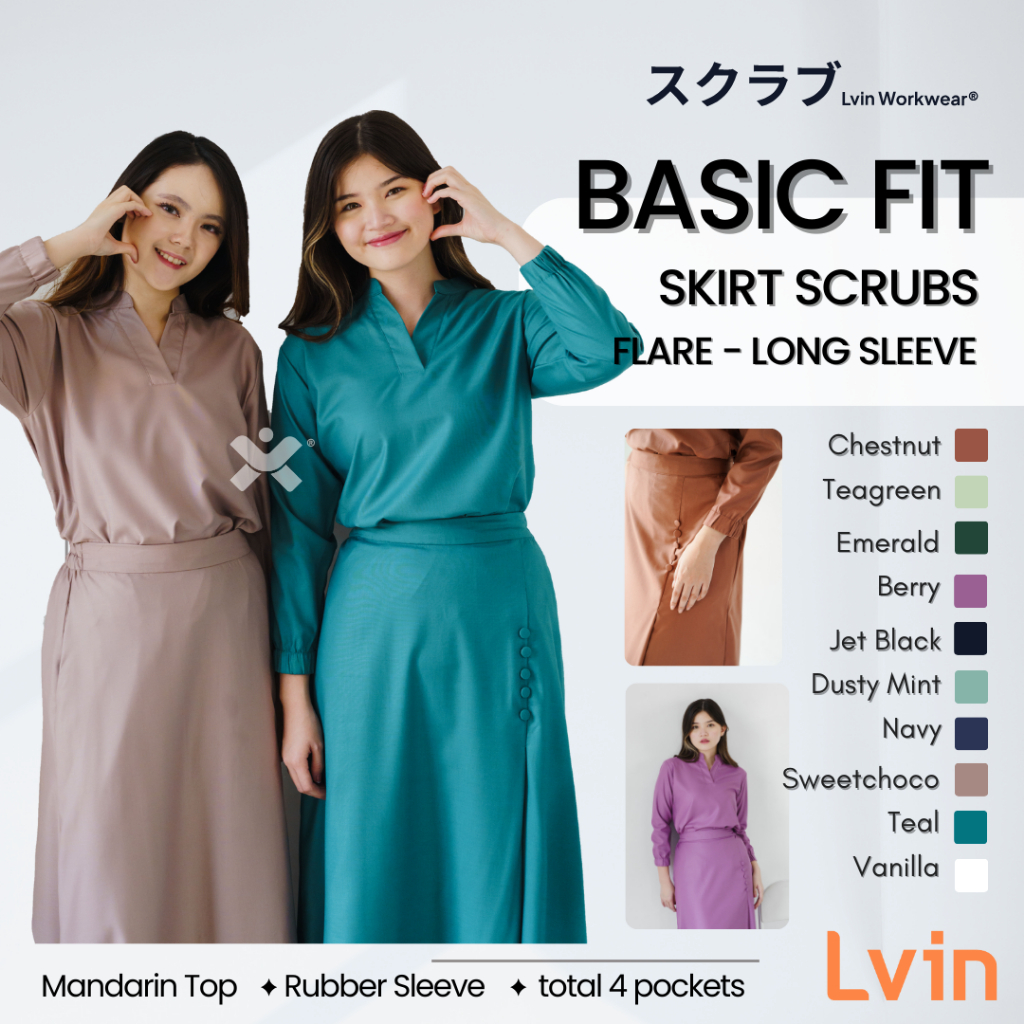 [ Lvin ] FLARE SKIRT SCRUBS - Vol 01 - Baju OKA Rok Mandarin Collar Lengan Panjang / Baju Jaga /Set 