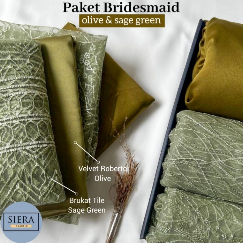 Paket Lengkap Kain Bridesmaid Premium / Kain Satin Velvet Olive + Brukat Tile Sage Green
