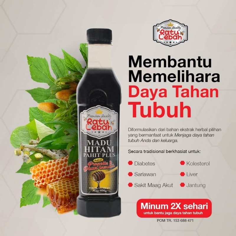

RATU LEBAH Madu Hitam Pahit Plus Propolis Trigona 470gr - Ekstrak Daun Insulin, Sambiloto, Brotowali - Obat Diabetes, Kolesterol, Asam Urat