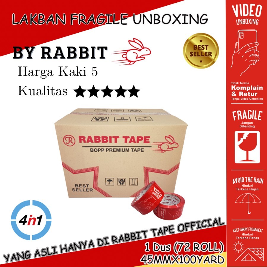 

Lakban Fragile Putih Rabbit Tape 45mm x 100 yard / Kualitas Ok (Dus)