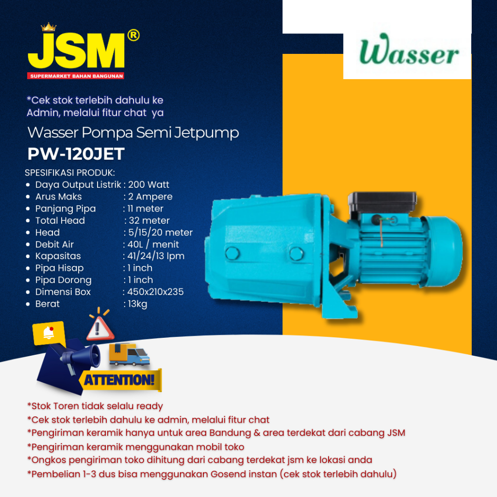 Wasser Pompa Semi Jetpump / Pompa Air Sumur Dalam Otomatis PW-120JET - JSM Supermarket Bahan Banguna