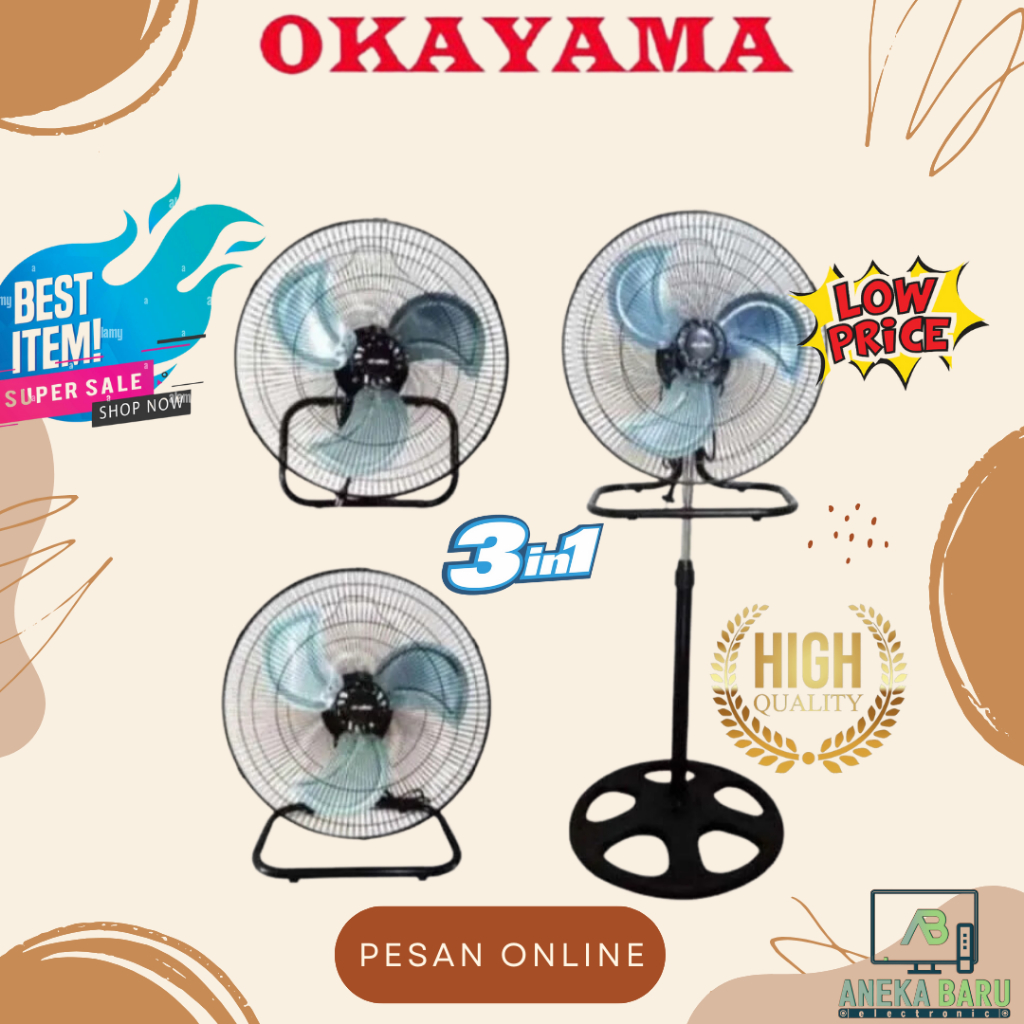 Kipas Angin Stand Okayama OK-1831 18 Inch Putih 3-in-1 dengan Pengatur Ketinggian dan Oskilasi Otomatis