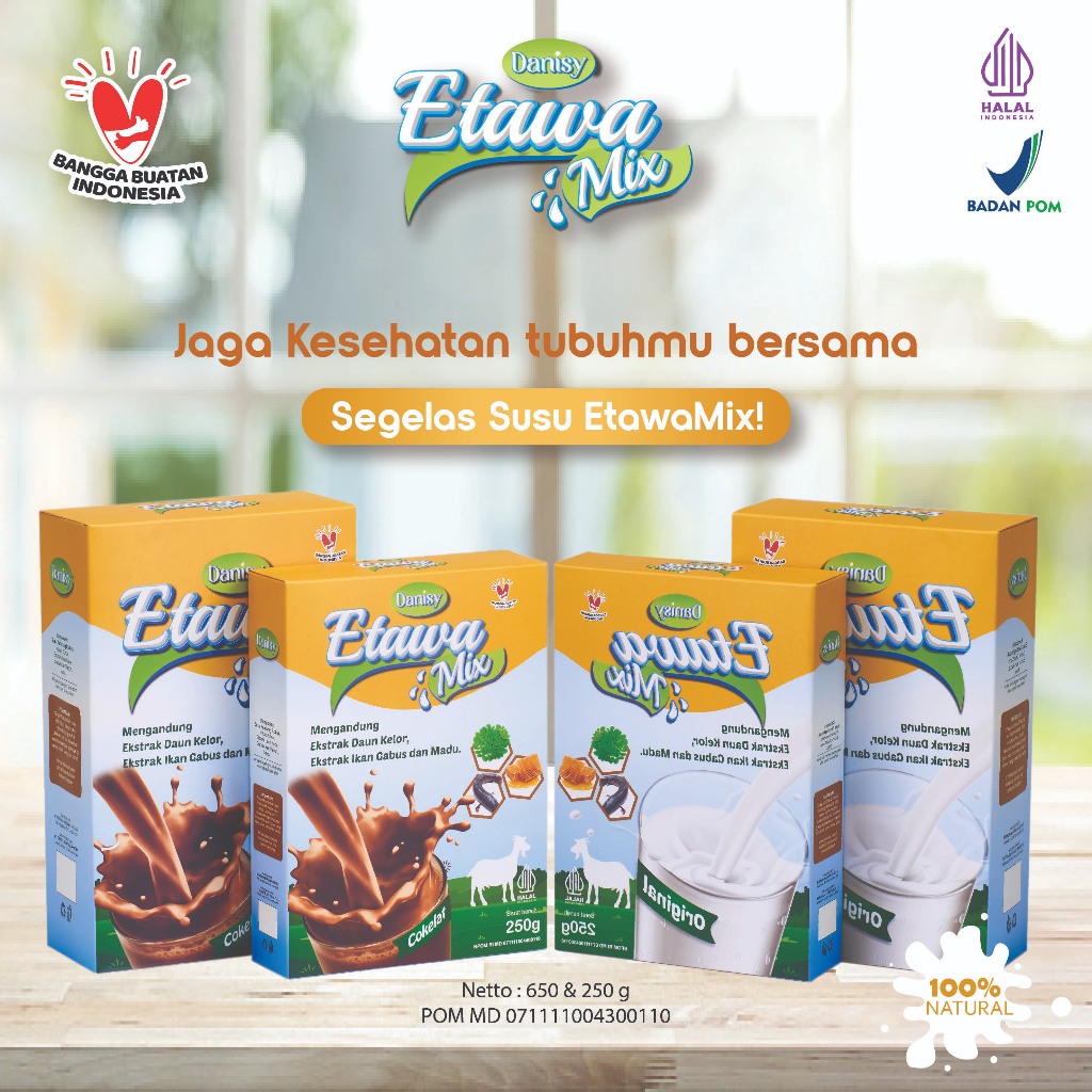 

SUSU KAMBING ETAWAMIX DENGAN EKSTRAK DAUN KELOR, IKAN GABUS DAN MADU | BPOM