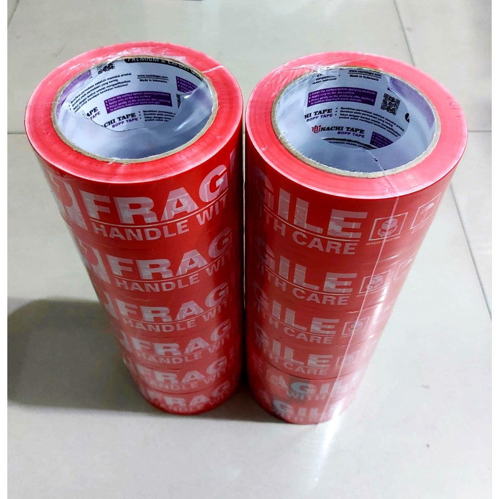 

Lakban / Plakban / Isolasi / Selotip FRAGILE putih merah Nachi Tape 48mm 100 yard 2 inch