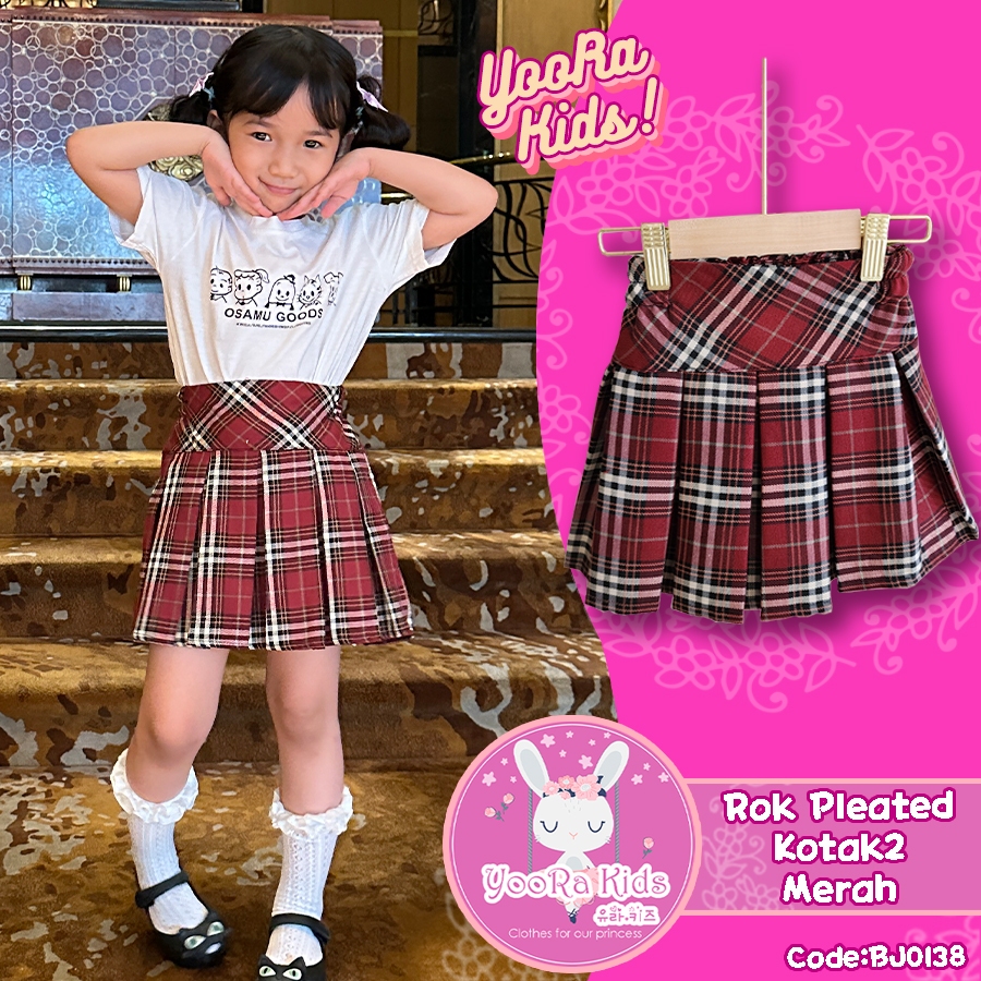 Yoorakids Rok Pleated Skirt rok anak perempuan kotak2 import rok mini merah cewek