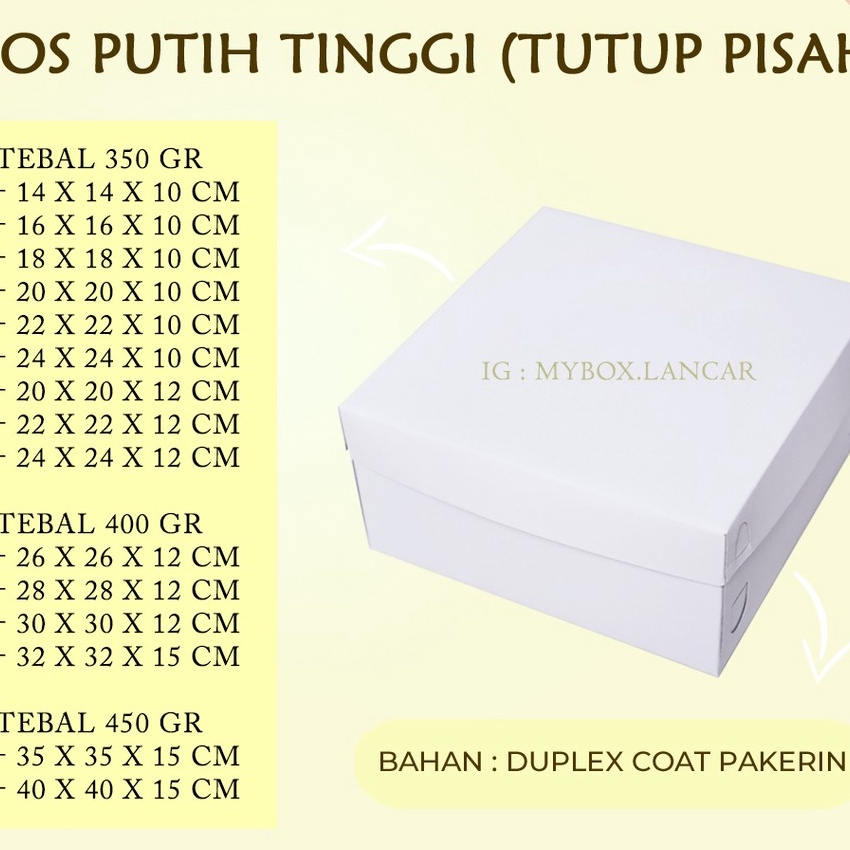 

KF7 1 LEMBAR BOX TART PUTIH 22 X 22 X 1 CM DUS TART PUTIH TUTUP PISAH KEMASAN TAR KUE