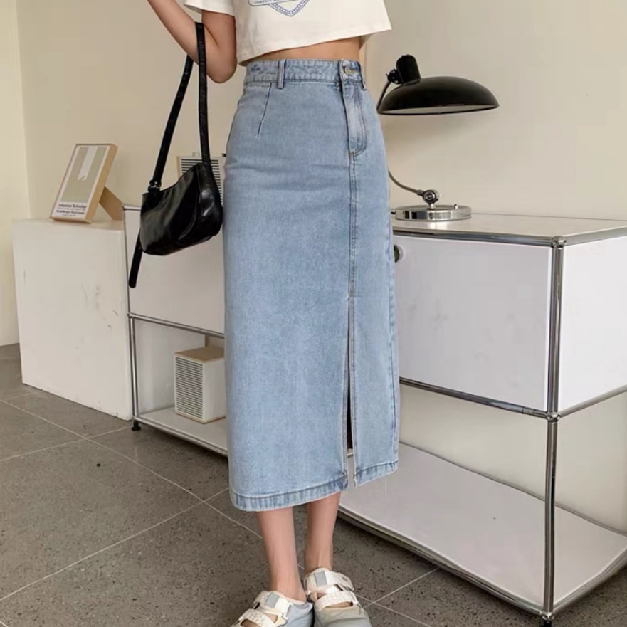 Cashback lybhstore Rok dres aline skirt Rok panjang denim aline skirt Korean style midi slit SkirtRo