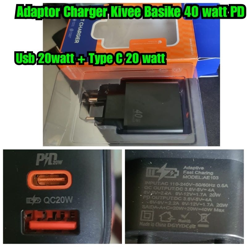 Adaptor 40 watt kivee basike Usb 20watt + type c 20 watt Kepala charger 40 w kivee basike