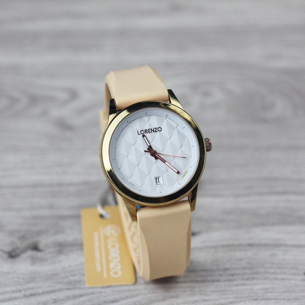 Jam tangan wanita Lorenzo 1034 tali karet bulat tanggal aktif original