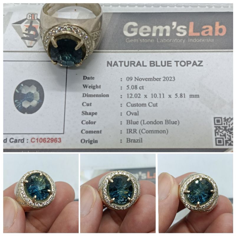 Natural Topaz London Blue topas 5 ct memo GLI Top Color Ring Perak