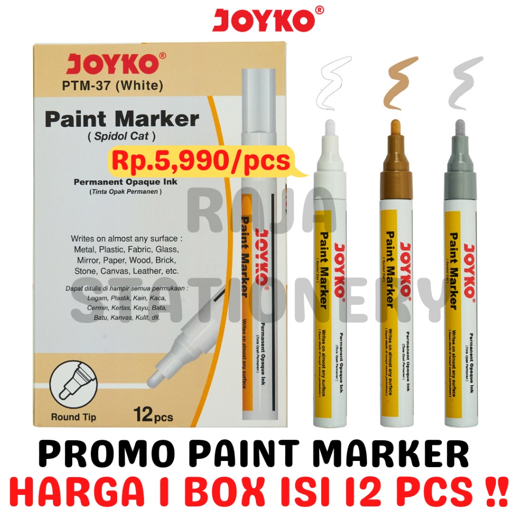 

JOYKO PERMANENT PAINT MARKER WHITE GOLD SILVER BLACK SPIDOL KACA CAT PUTIH EMAS ABU HITAM 12PCS KODE X1G2