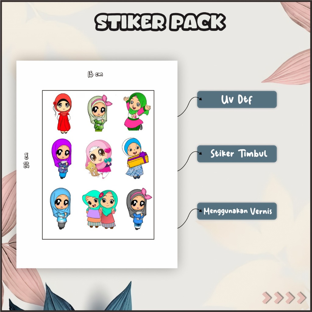 

Stiker Sticker Setiker Setikker Pack UV DTF Motif Cartoon Muslimah Merah Hijau Cream P32