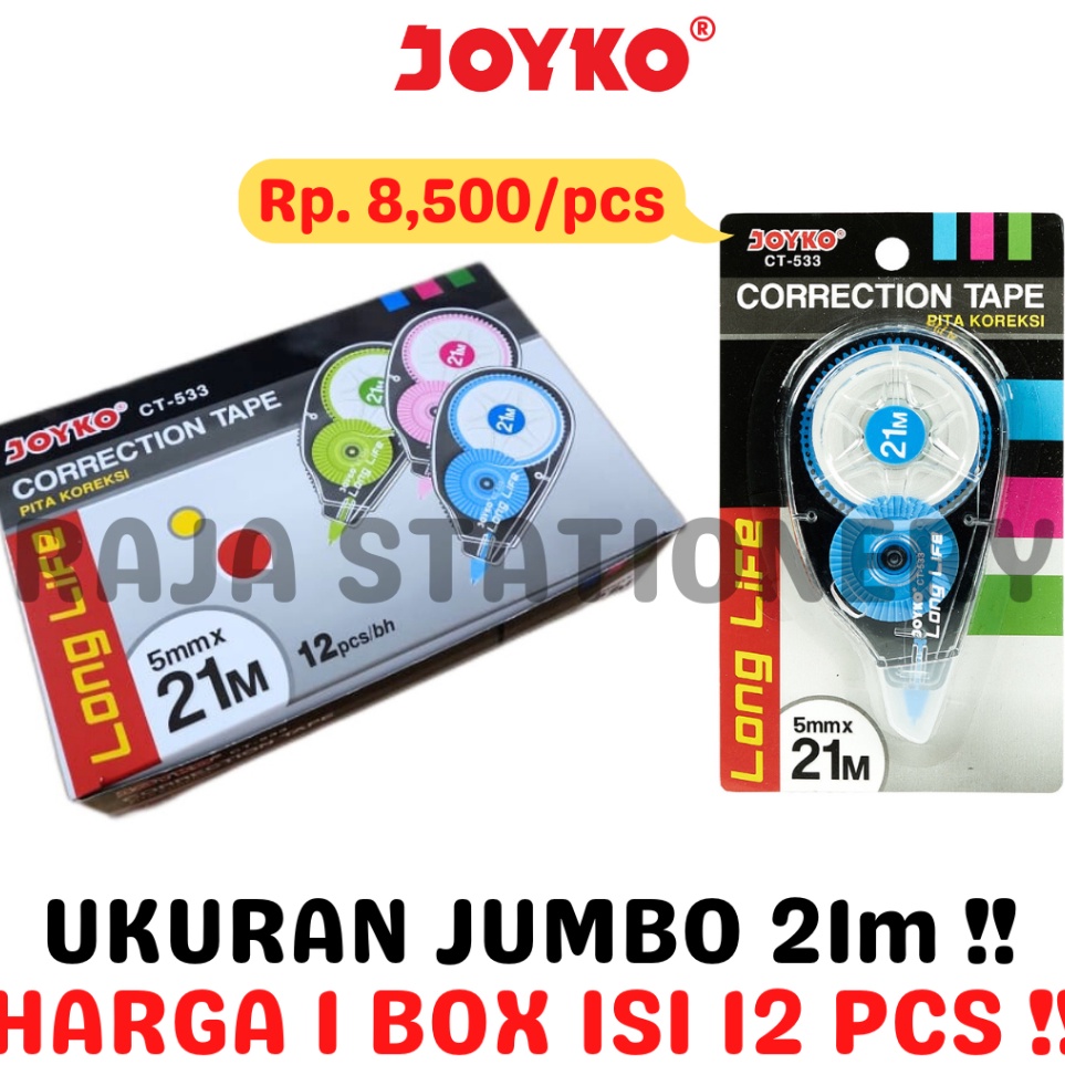 

KODE H9C8 JOYKO CORRECTION TAPE 21m JUMBO TIPEX KERTAS JOYKO TIPX CT533 12PCS