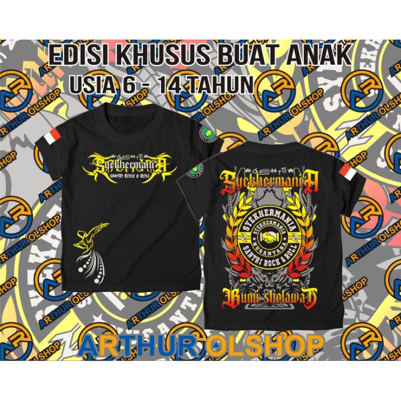 KAOS SYEKHERMANIA ANAK SABLON PLASTISOL, KAOS SYEKHERMANIA ANAK TERBARUH, KAOS HABIB SYECH ANAK, KAO