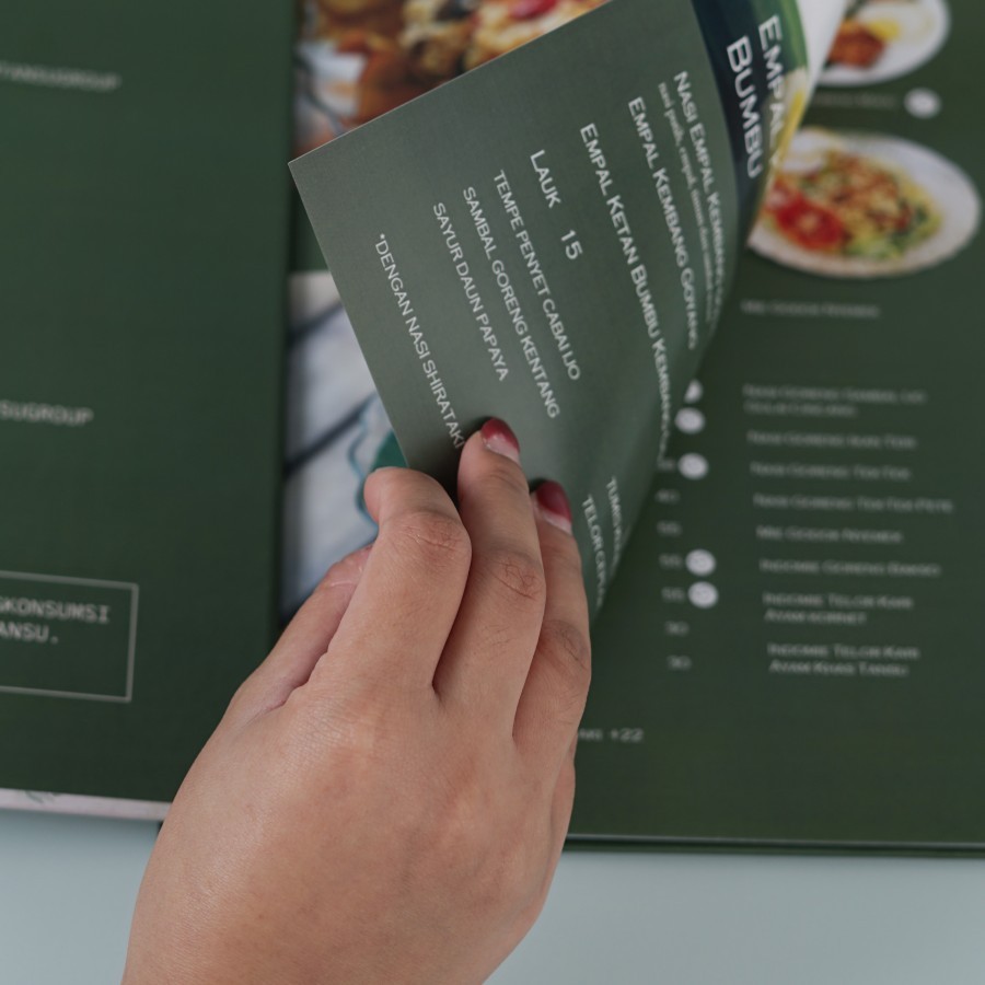 

HJK Cetak Buku Menu Waterproof Fancy Print Menu Restoran Cafe A4 Jilid Baut Custom Selaras Printing