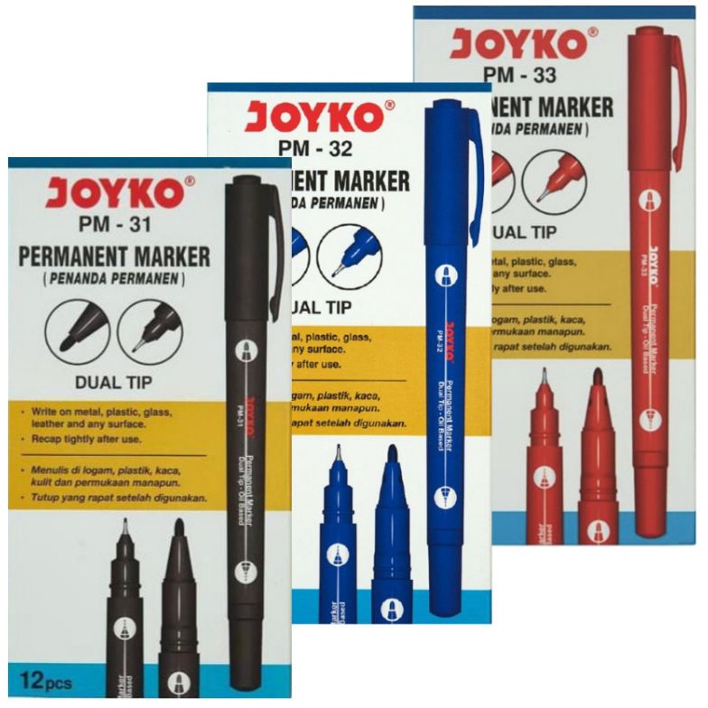 

1 LSN 12 PCS Joyko Permanent Marker Spidol Permanen Dual Tip PM313233 KODE B5I8