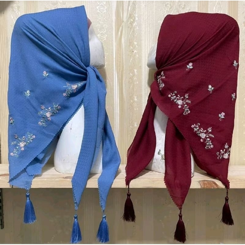 Hijab Segi Empat Bordir Bunga Sakura/Kerudung Segi Empat Bordir Bunga