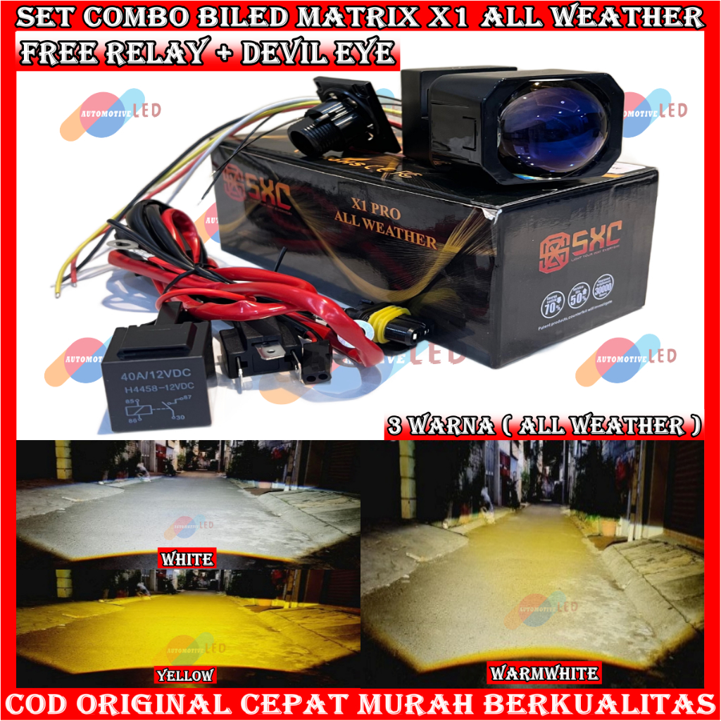 ORIGINAL PAKET COMBO HEMAT BILED MATRIX X1 ALL WEATHER 1,5 INCHI 45 WATT PROJIE MINI MOBIL MOTOR UNI