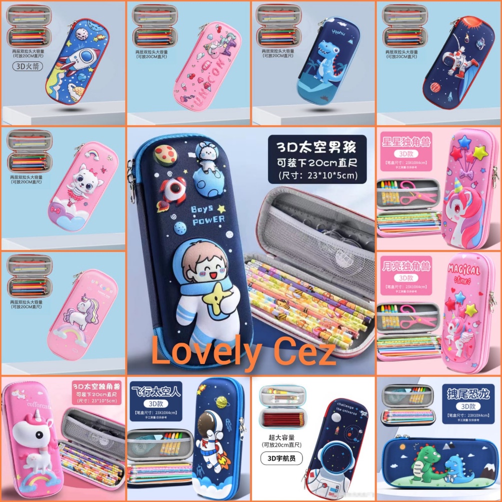 

EKSKLUSIF Pencil Case 3D Timbul Karakter kucing Lucu Dino Unicorn Kotak Pensil 3D Timbul