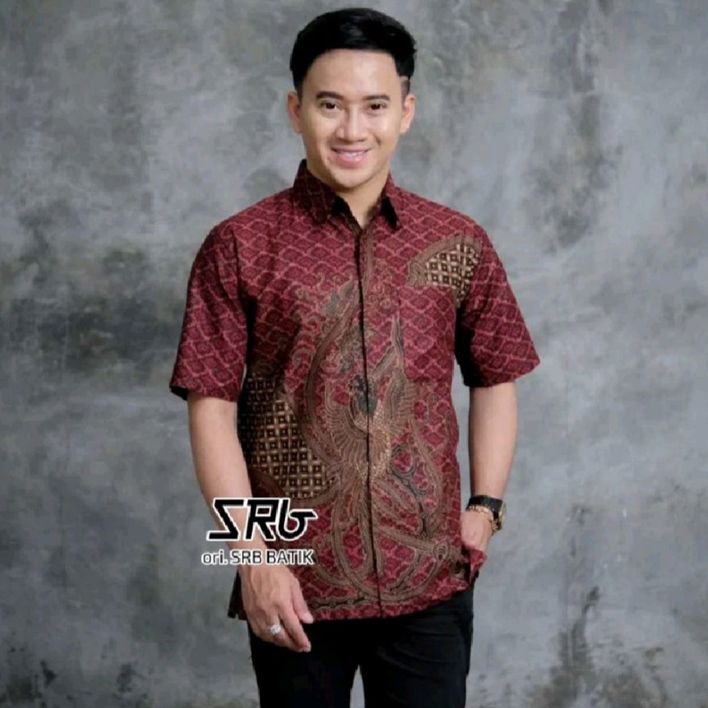 Kemeja Hem Baju Batik Pria Lengan Pendek motif Phoenix Maron Katun