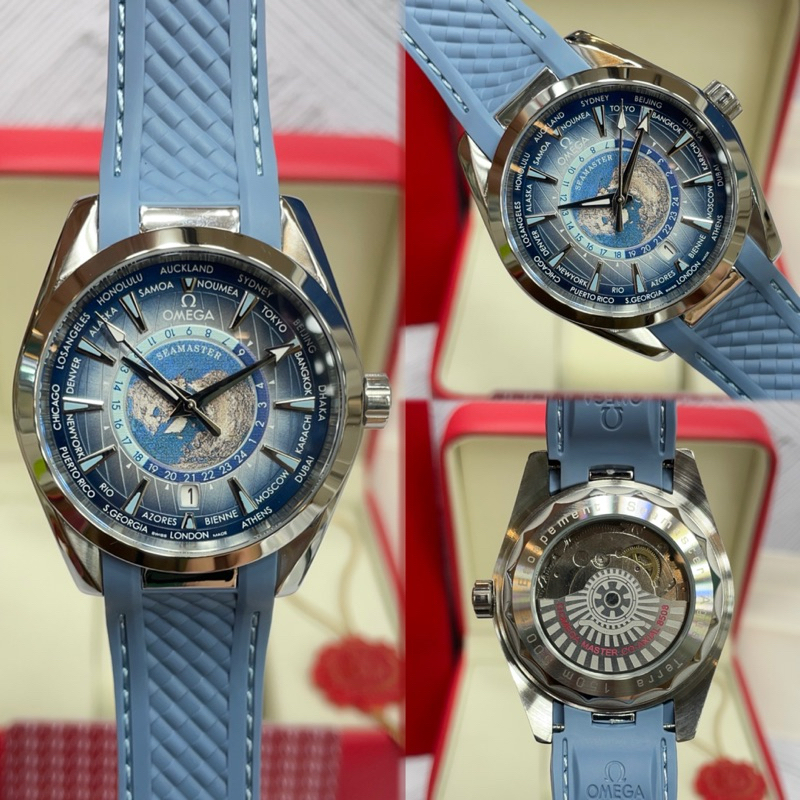 JAM TANGAN PRIA/COWOK OMEGA AQUA TERRA WORLD TIMER RUBBER BLUE ICE AUTOMATIC JAPAN AAA 42mm #Jamtang