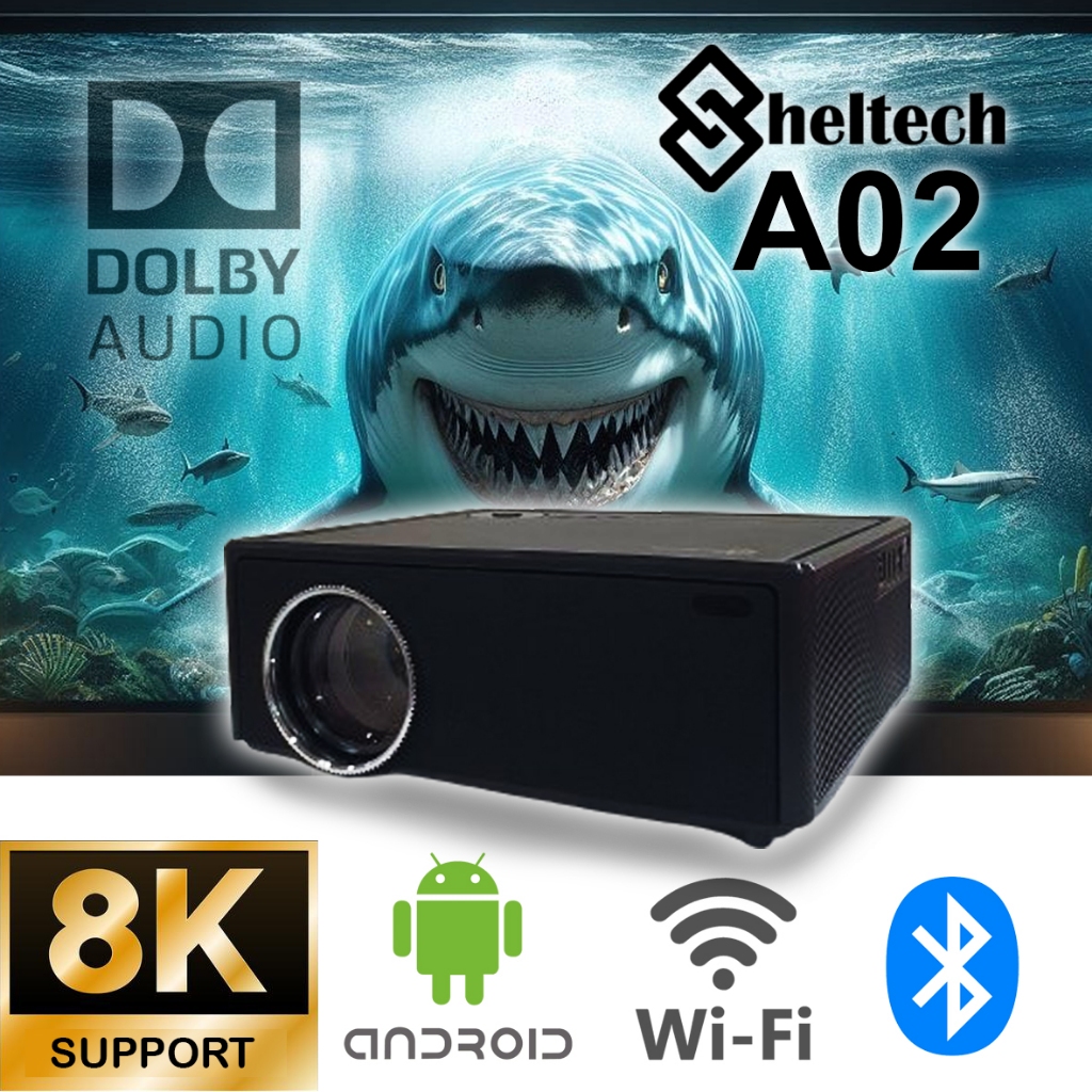 Sheltech A02 Proyektor Android Smart Projector Full HD Dolby Support 8k Infocus Bioskop Wifi Auto Fo